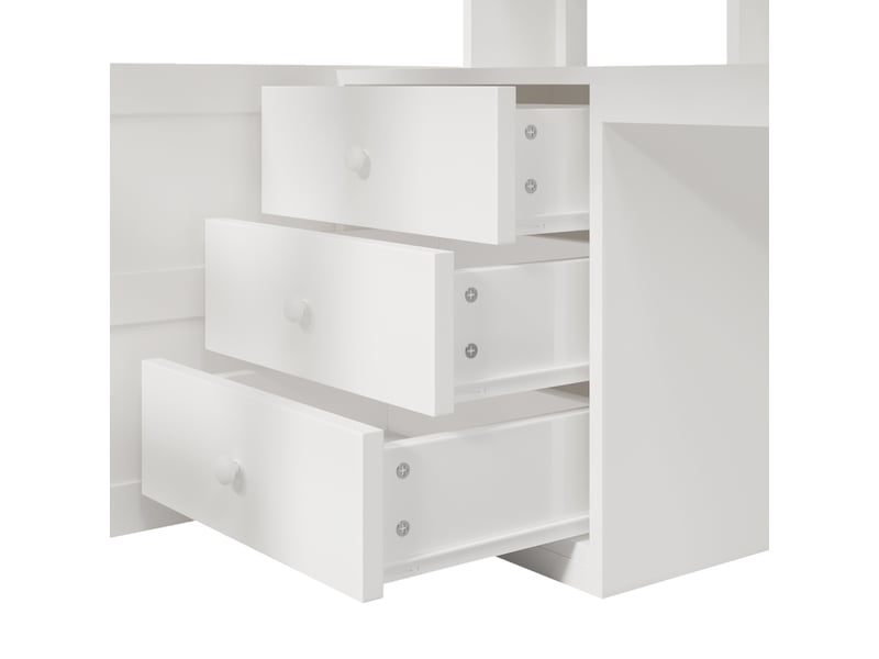  Lit mezzanine enfant 200×140 cm avec bureau, armoire, 3 tiroirs et éclairage led, sans matelas, en pin blanc  - Conforama E
