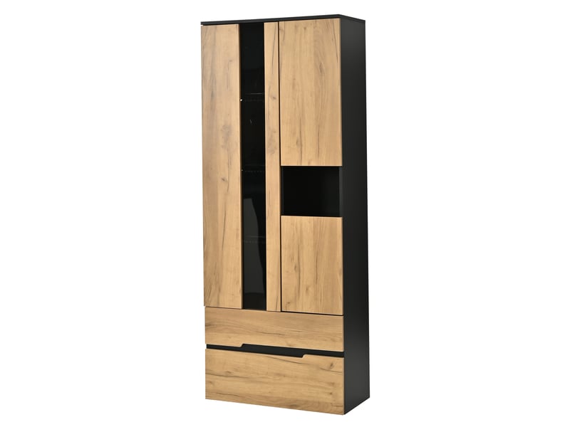 Vitrine 70x35x180 cm avec éclairage led, 3 portes et 2 tiroirs, structure en mdf bois naturel et noir, rangement multifonction  - Conforama E