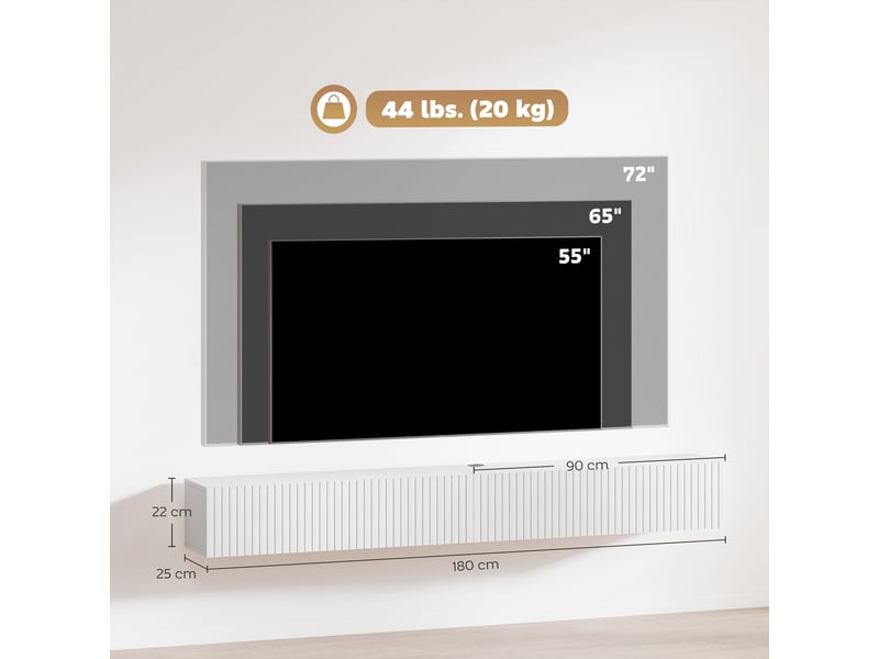  Meuble tv suspendu 180cm, meuble télé pour téléviseur 72 pouces, 2 portes rabattables, blanc, 180x25x22cm  - Conforama C