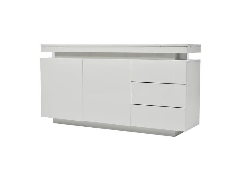  Buffet blanc laqué moderne 140cm, meuble de salon avec éclairage led rvb, 2 portes 3 tiroirs sans poignée  - Conforama A