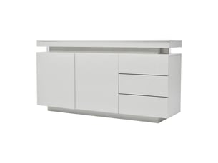 Buffet blanc laqué moderne 140cm, meuble de salon avec éclairage led rvb, 2 portes 3 tiroirs sans poignée