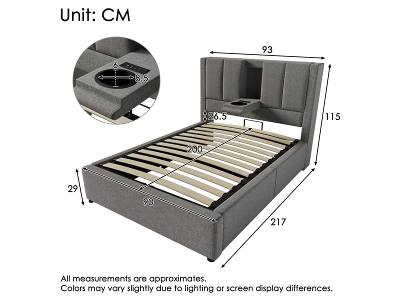  Lit coffre, 90x200 cm, charge, porte gobelet dissimulé, avec rangement, matelas inclus, bois et métal, coloris gris  - Conforama C