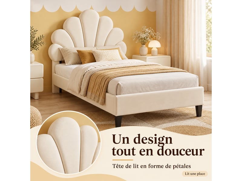  Lit enfant 90x200 cm en velours, lit simple rembourré avec sommier à lattes, tête de lit en forme de pétale réglable en hauteur, cadre de lit capitonné pour enfants et adolescents, beige  - Conforama R