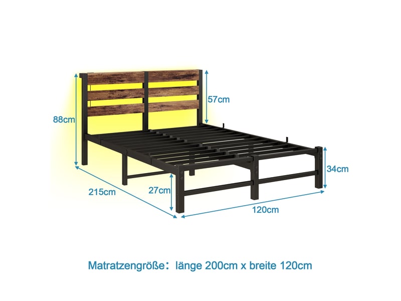  Lit 120x200 cm à cadre métallique avec led, ports usb et rangements intégrés, sans matelas  - Conforama C
