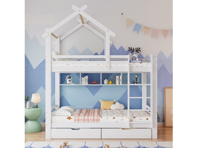  Modenvie lit superposé enfant 90x200 cm - avec tiroirs et étagères, sans matelas - blanc  - Conforama D