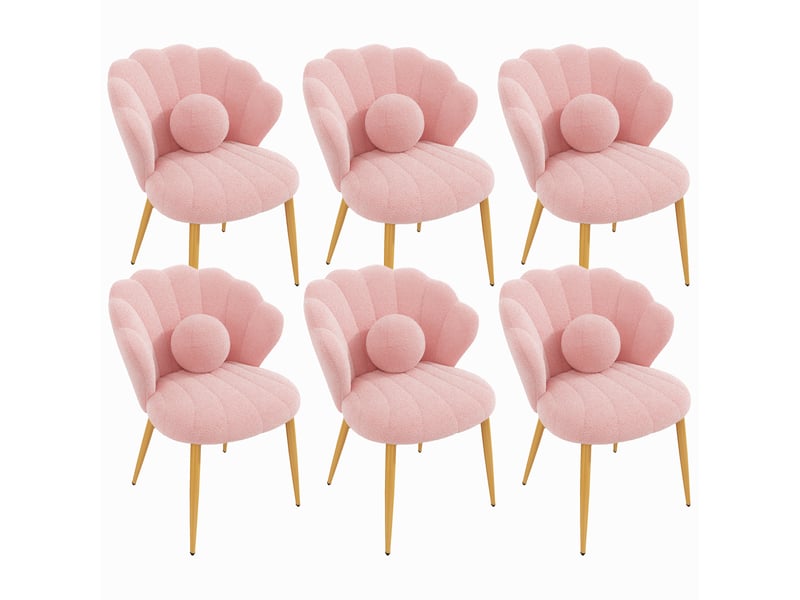  Lot de 6 chaises de salle à manger style coquillage en tissu teddy rose, pieds dorés  - Conforama A