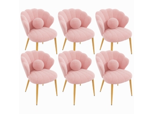 Lot de 6 chaises de salle à manger style coquillage en tissu teddy rose, pieds dorés