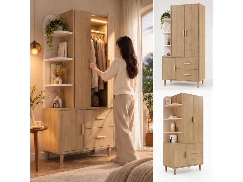Armoire penderie 80x48x176 cm, led automatique à détection, 2 tiroirs, étagères ouvertes, tringle, grand rangement - blanc et chêne - Conforama B