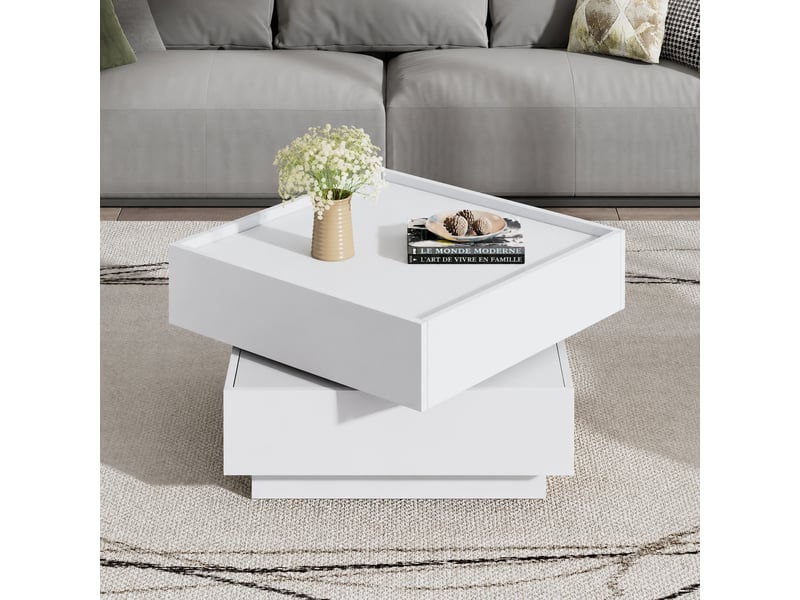  Table basse blanche pivotante à 360° avec deux tiroirs, carrée 60 x 60 x 38 cm  - Conforama C