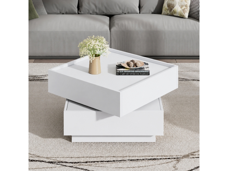  Table basse blanche pivotante à 360° avec deux tiroirs, carrée 60 x 60 x 38 cm  - Conforama C