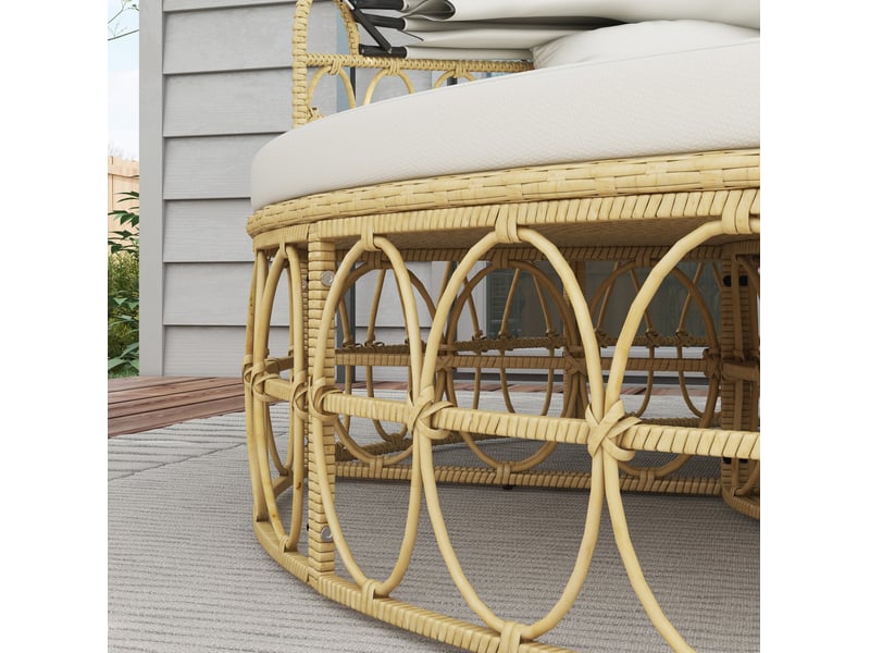  Salon de jardin 4 pièces en rotin blanc, canapé 2 places avec toit rétractable et table basse, pour terrasse  - Conforama D