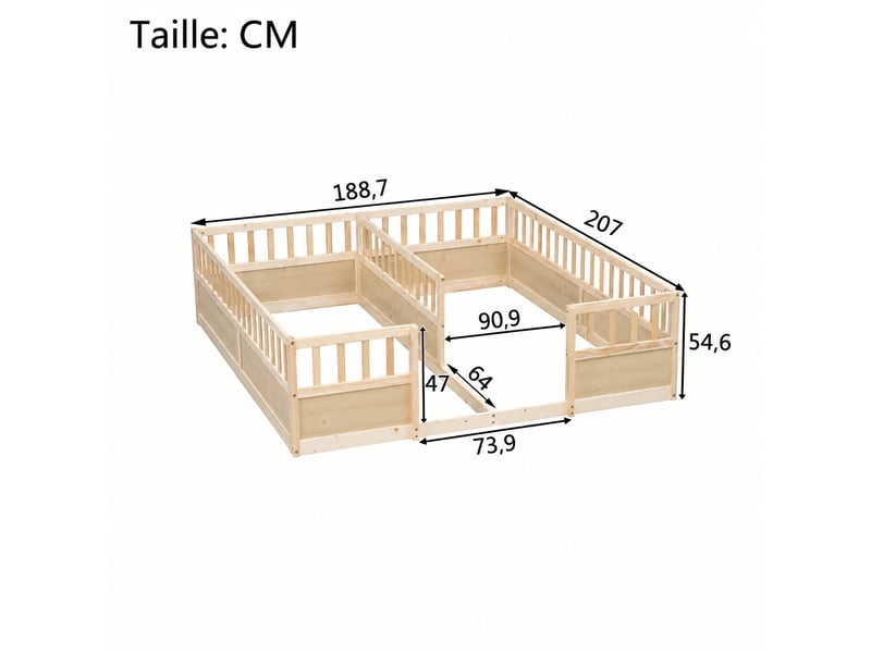  Lit au sol pour deux enfants, barrières hautes, pin naturel, 2 x 90 x 200 cm  - Conforama C