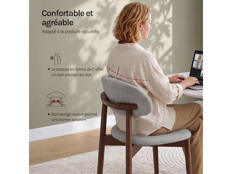  Lot de 4 chaises de salle à manger en tissu chenille, pieds en bois massif，43 x 51 x 83 cm，gris  - Conforama E