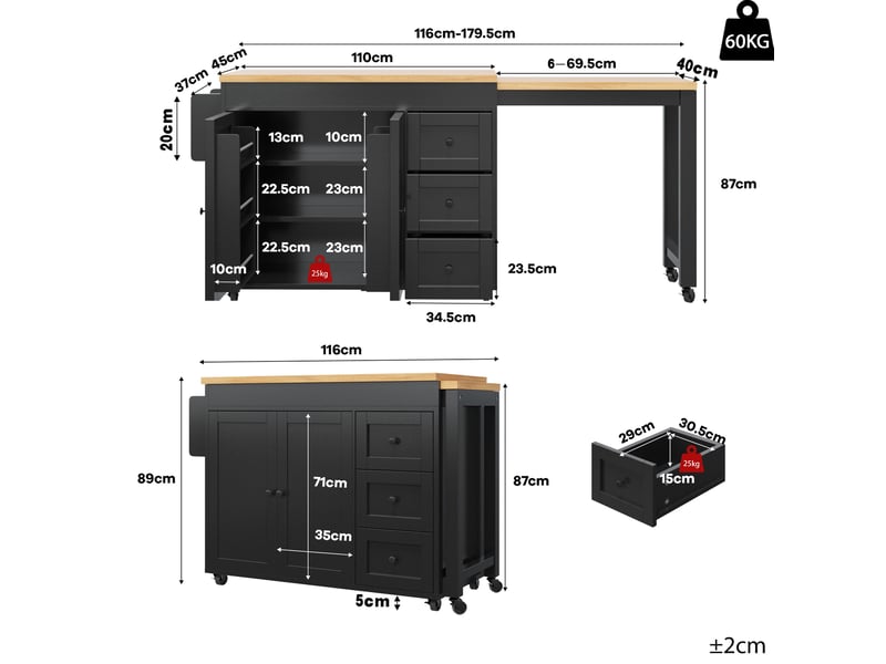  Desserte de cuisine extensible avec 3 tiroirs, placard et étagères sur roulettes, noire, 116 × 45 × 89 cm  - Conforama D
