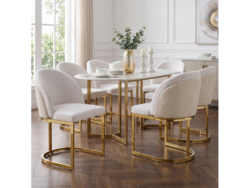Chaise de salle à manger lot de 6 avec dossier double et pieds métalliques dorés en chenille beige et doré - Conforama B
