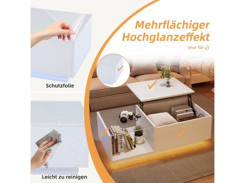  Table basse relevable avec rangement caché, niche et éclairage led piloté par application pour salon, 100×50×33 cm  - Conforama E