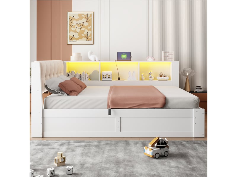  Lit de jour 140x200 lit coffre avec rangement hydraulique, lit simple blanc avec led et port usb  - Conforama W