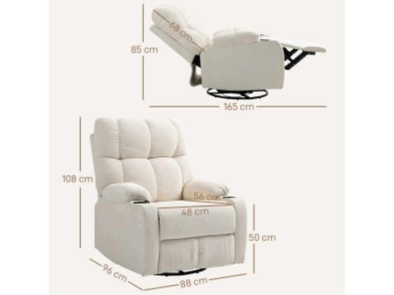 Fauteuil relax inclinable beige, pivotant et à bascule, repose-pieds manuel et deux porte-gobelets pour salon, tissu aspect lin - Conforama C