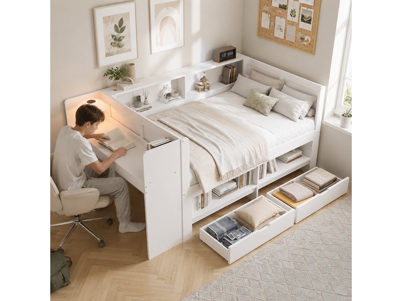 Lit combiné 120 x 200 cm en bois avec bureau intégré, armoire, 2 tiroirs, niches et contour de lit, blanc evarich - Conforama B