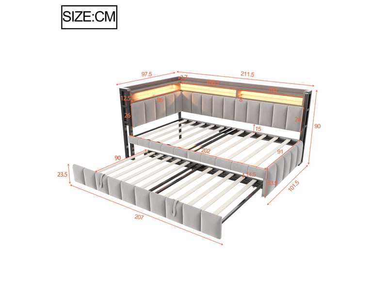 Lit enfant gigogne 90x200cm+90x190cm led, rangement, ports usb‑c, sommier à lattes, velours gris clair sans matelas - Conforama C