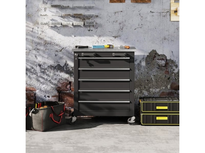  Armoire à outils mobile avec 5 tiroirs, servante d'atelier en acier argenté et noir, coffre roulant pratique pour garage  - Conforama B