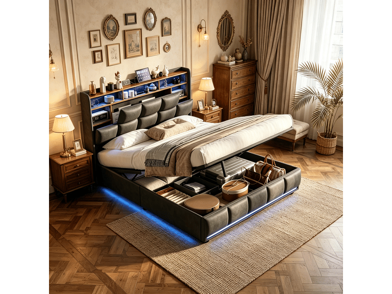  Lit double 140x190 cm design moderne en pu noir - tête de lit multifonction avec rangement, ports usb, led 20 couleurs, sommier à lattes, coffre hydraulique  - Conforama B