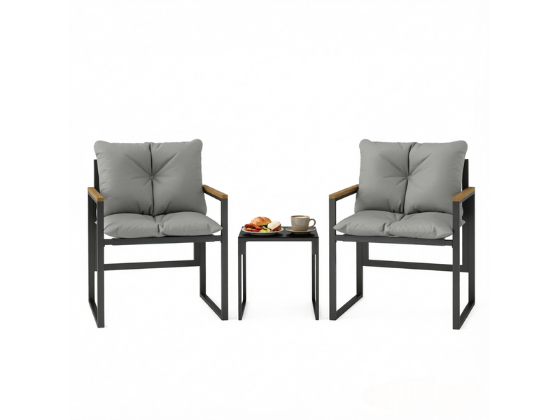  Salon de jardin 3 pièces avec 2 fauteuils et table basse, métal noir et gris  - Conforama A