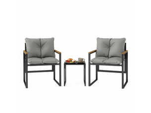 Salon de jardin 3 pièces avec 2 fauteuils et table basse, métal noir et gris