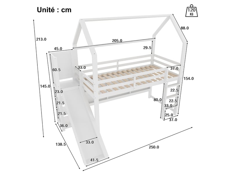 Lit mezzanine 90x200 cm en pin, lit simple avec toboggan, étagères, barrière et led, sans matelas, blanc - Conforama D