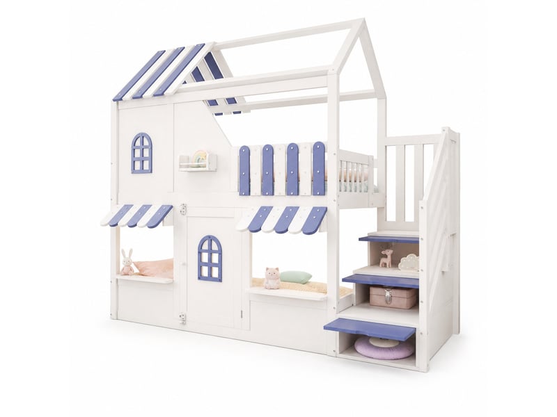  Lit surélevé 90x200 cm maison avec led, rangements, bois blanc et bleu sans matelas  - Conforama A