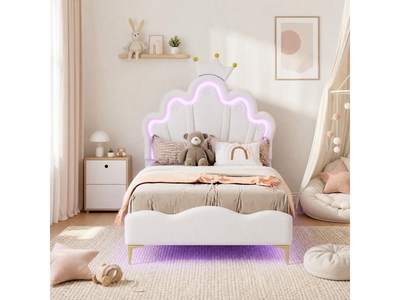 Lit enfant princesse 90x200 cm avec led, similicuir pu blanc - Conforama D