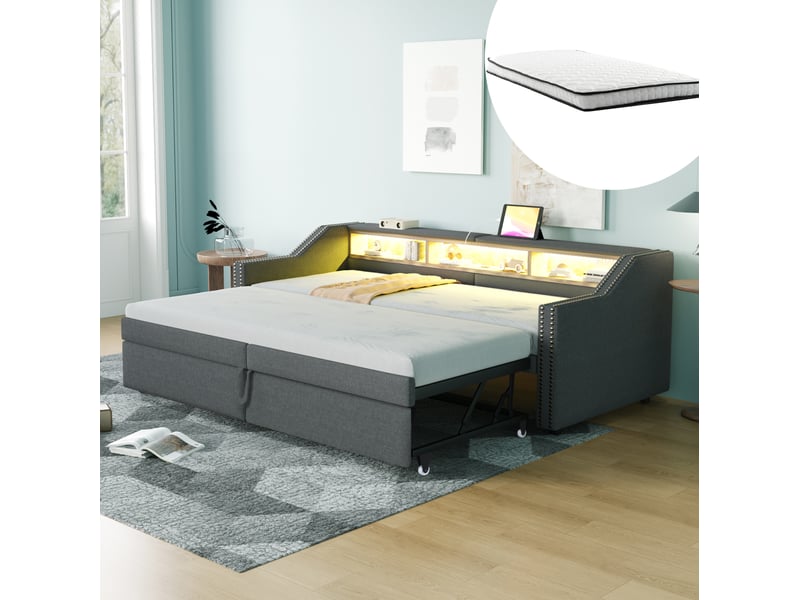 Lit rembourré tcqpz 90180 x 200 cm avec rangement led usb gris foncé et deux matelas à ressorts - Conforama B