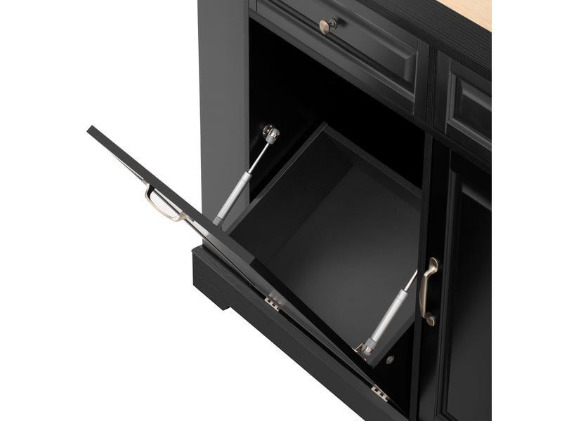  Îlot de cuisine sur roulettes noir avec plan de travail extensible, compartiment poubelle et tiroirs, 112-180 cm  - Conforama R