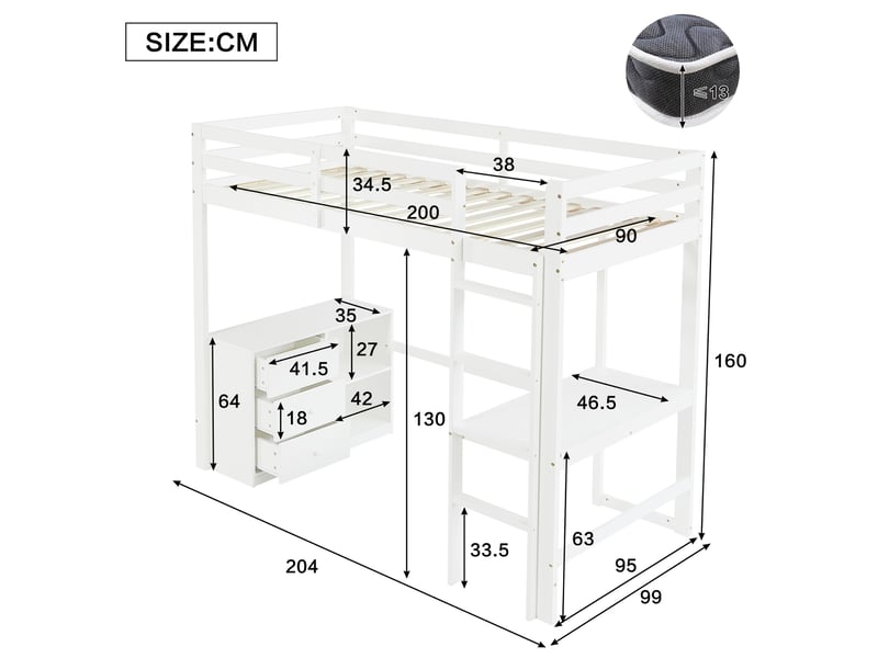  Lit mezzanine enfant 90 × 200 cm avec bureau, commode et étagère, blanc IKSETERA TRADING LTD - Conforama C