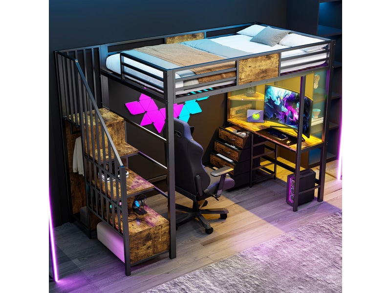 Lit mezzanine 90x200 gain de place 144 cm sous-lit bureau intégré rangements penderie prise led métal noir sans matelas - Conforama E