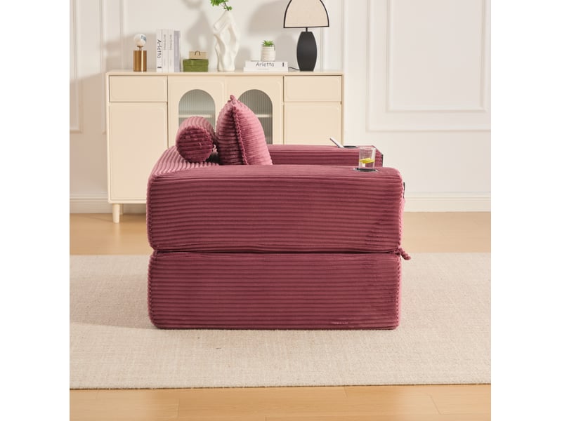 Canapé convertible 1 place avec porte-gobelets, poches et accoudoirs amovibles en velours côtelé rouge lie-de-vin - Conforama E
