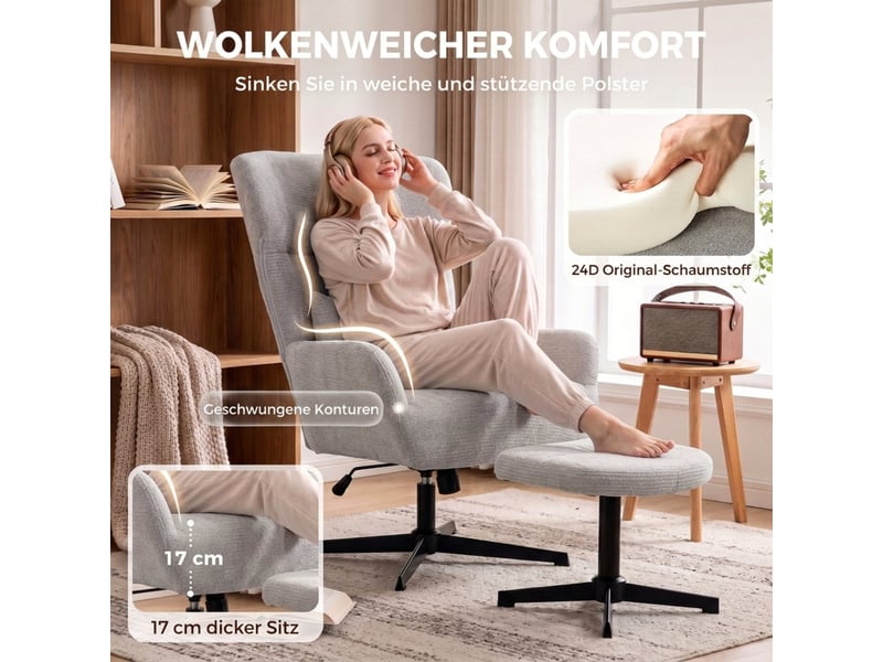  Fauteuil relax - fauteuil lounge pivotant à 360° avec repose-pieds, réglable en hauteur, revêtement en chenille, gris  - Conforama W