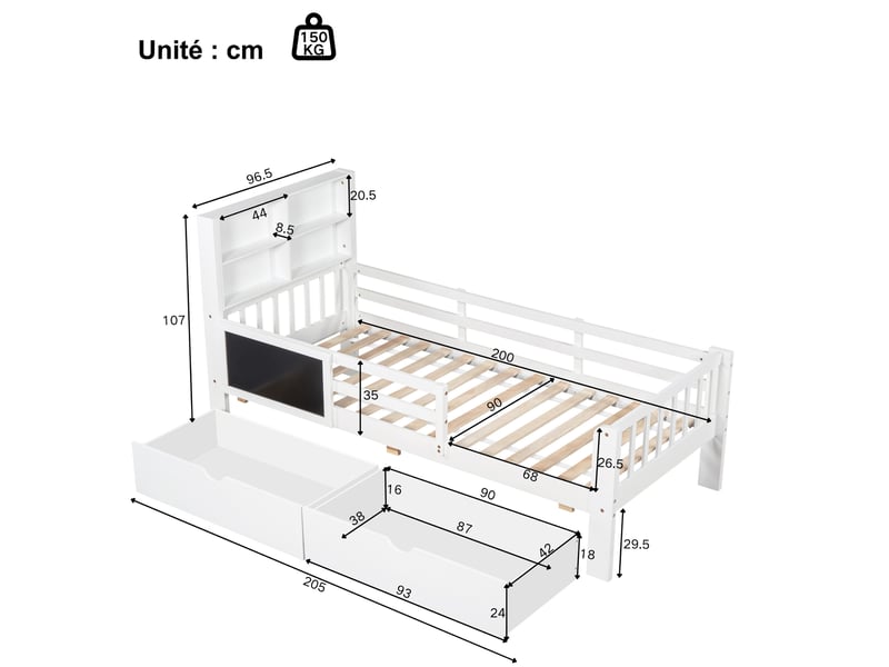  Lit enfant en bois blanc, lit simple avec 2 tiroirs, tablette, tableau et barrière, 200×90 cm, sans matelas  - Conforama D