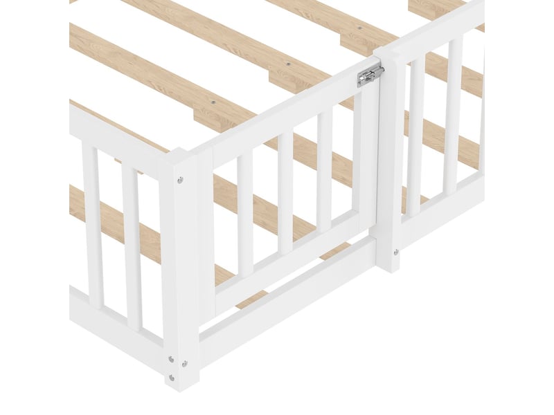  Lit cabane enfant 140x190cm - blanc au sol - avec barrière sécurisée - lit enfant - forme maison pin massif écologique sans matelas  - Conforama D