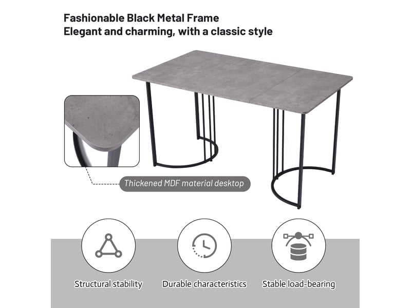  Ensemble table et chaises, table 140x80x75 cm, pieds métal noir, plateau mdf gris, meuble chambre, 4 chaises lin, gris  - Conforama E