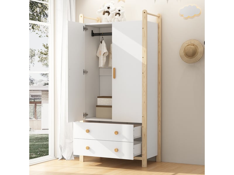  Armoire penderie 2 portes et 2 tiroirs, cadre pin, blanc et naturel, 90 x 45 x 180 cm  - Conforama D