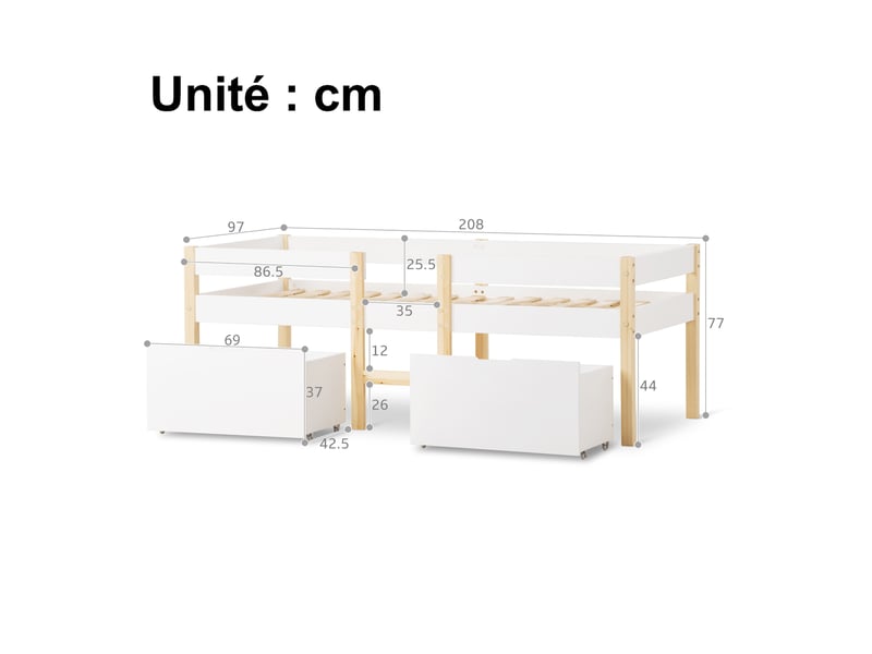  Lit enfant mi-hauteur, lit simple 90x200 cm en bois massif avec 2 tiroirs, barrière et échelle, sans matelas, blanc  - Conforama D