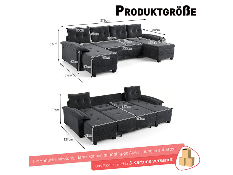  Canapé-lit modulable en u 278x127x87 cm avec ports usb bois gris  - Conforama E