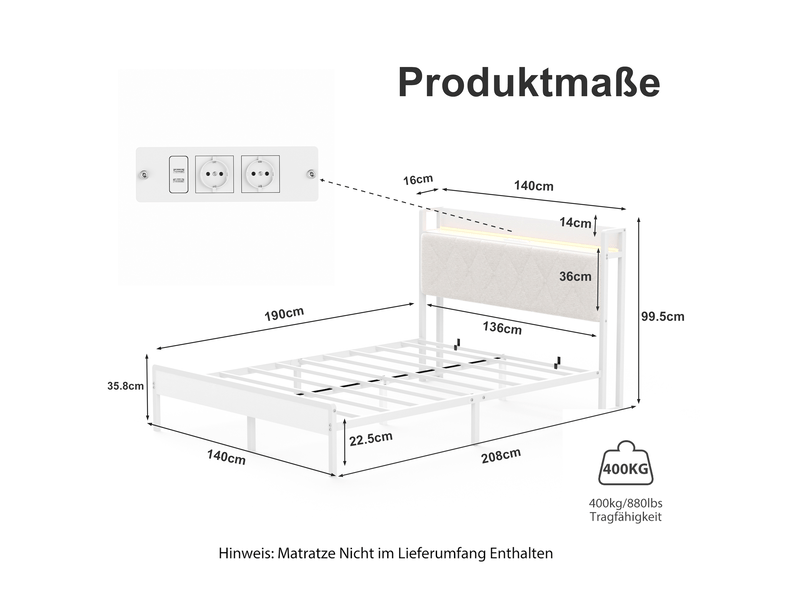  Lit rembourré 140x190 cm avec led multicolore,2 prises secteur+2 usb,rangement sous lit 22,5 cm,structure métal,blanc  - Conforama E