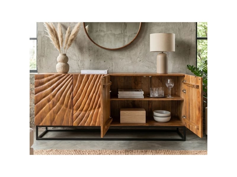 Buffet silva 177 cm en bois massif de manguier sculpté – 4 portes et piètement métal noir - Conforama E