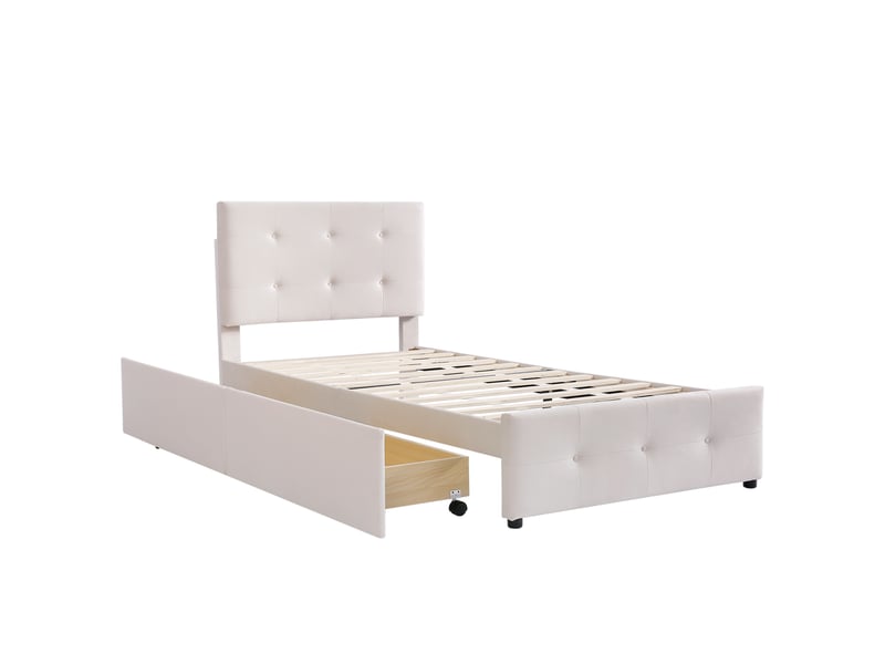  Lit pour enfant 90x200 cm, lit une place avec 2 tiroirs de rangement, tête de lit et sommier à lattes, velours, beige, sans matelas  - Conforama E
