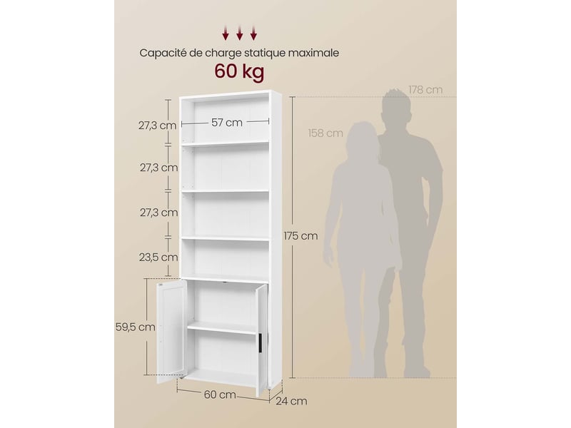 Bibliothèque étagère haute sur 6 niveaux avec porte meuble de rangement ouvert 24 x 60 x 175 cm pour salon bureau salle à manger blanc 12_0005285  - Conforama E