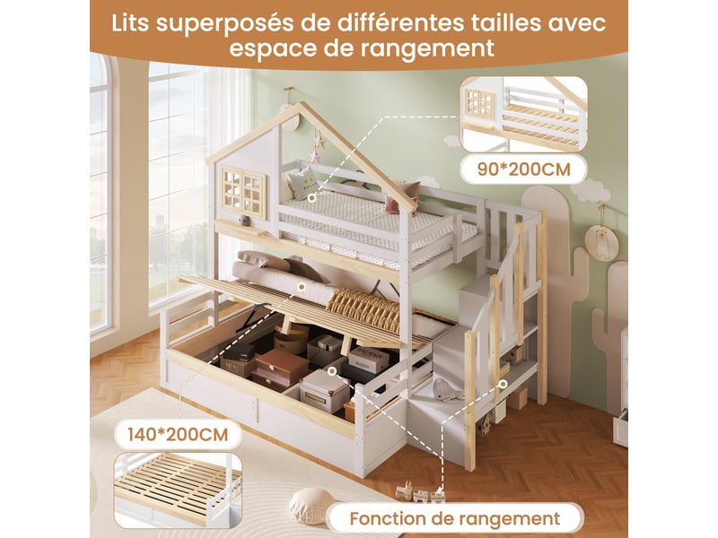 Lit superposé cabane enfant 90x200140x200 cm, rangement hydraulique, escalier avec rangement, fenêtre, garde-corps haut, bois blanc et naturel Radiant Stride - Conforama E