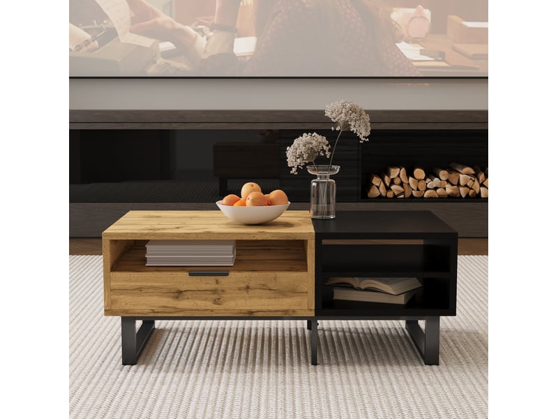  Table basse salon rangement 100 x 50 x 40 cm avec 1 tiroir, panneau de particules bois naturel et noir  - Conforama R