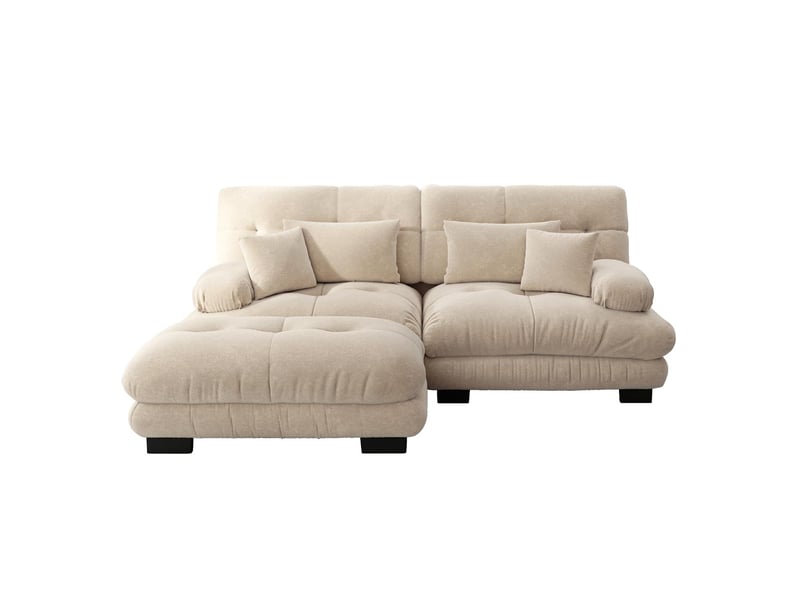  Canapé modulable 2 places en tissu chenille avec pouf et coussins brun clair W3325S00042 - Conforama A